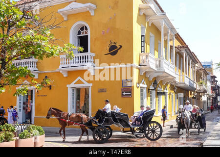 Cartagena Kolumbien, Plaza de Santa Teresa, Kolonialarchitektur, Pferdekutsche Tour, Besucher reisen Reise Reise Tourismus Wahrzeichen Land Stockfoto