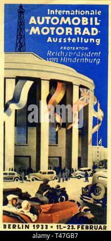 BERLIN AUTOMOBIL AUSSTELLUNG 11. - 23. Februar 1933 Internationale Automobil- und Motorrad Ausstellung / Internationale Auto- und Motorradausstellung Flyer / Poster mit Kunst von Otto ARPKE Stockfoto