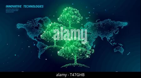 Speichern Waldökologie abstrakte banner Vorlage. Eco Regenwald Sicherheit Umweltschutz grüne Bäume auf Weltkarte 3d-polygonalen dunkelblauen Hintergrund Stock Vektor
