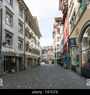 St. Gallen, SG/Schweiz - April 8, 2019: Blick auf die historische Altstadt in der Schweizer Stadt Sankt Gallen Stockfoto