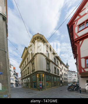 St. Gallen, SG/Schweiz - April 8, 2019: Blick auf die historische Altstadt in der Schweizer Stadt Sankt Gallen Stockfoto