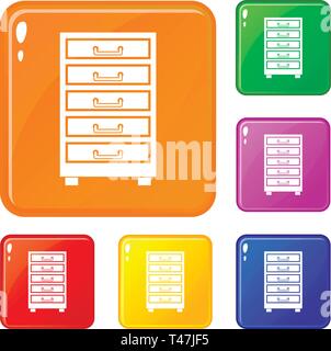 Holzgehäuse mit Schubladen Icons Set Vector Farbe Stock Vektor