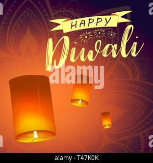 Post-Karte für Diwali Festival mit realistischen Himmelslaternen und Mandalas. Happy Diwali Konzept, Insignia. Typografie, Plakat oder Logo für Diwali-fest Stock Vektor