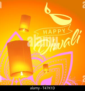 Post-Karte für Diwali Festival mit realistischen Himmelslaternen und Mandalas. Happy Diwali Konzept, Insignia. Typografie, Plakat oder Logo für Diwali-fest Stock Vektor