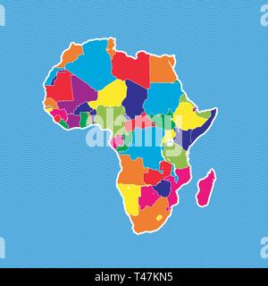 Afrika politische Karte. Bunte Karte auf Blue Wave Wasser Hintergrund getrennt. Stock Vektor