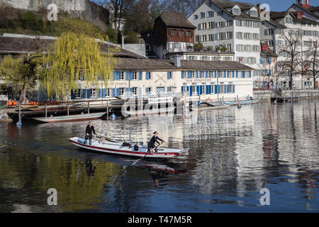 Rudern auf dem Fluss Limmat, Zürich, Schweiz Stockfoto