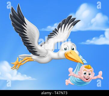 Stork Cartoon Schwangerschaft Mythos Vogel mit Baby Boy Stock Vektor