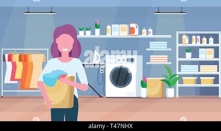 Frau mit Korb mit schmutzigen Kleidung Hausfrau Hausarbeit tun Waschküche Innenraum Zeichentrickfigur portrait Waagrechten Stock Vektor