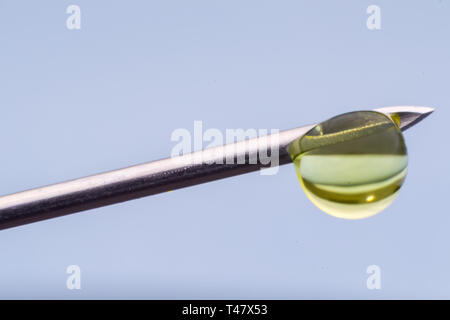 Hypodermischen Nadel mit einem Tropfen Droge auf seiner Spitze Stockfoto