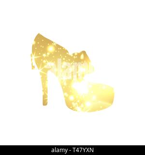 Goldene Schuhe Symbol mit Silhouette und Gold leuchtenden Lichter. Kreative Trendy Modern Fashion Shop Logo Vorlage. Symbol Abbildung auf schwarzem Hintergrund Stock Vektor