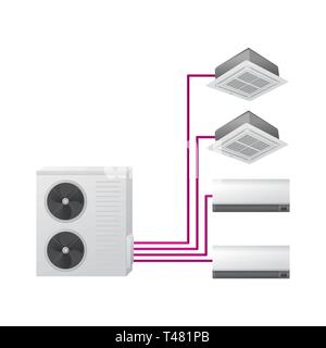 Klimaanlage. Vector Illustration. Multi Split-system. Ein Außenpool und vier Inneneinheit. Decke und Wand montiert. Stock Vektor