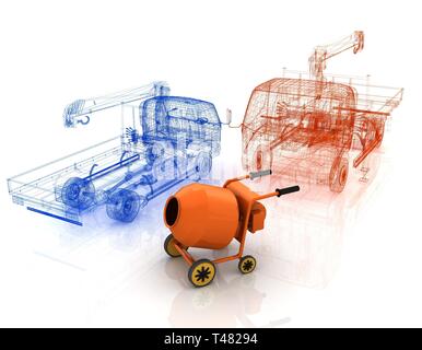 3d-modell Betonmischer und Lkw Stockfoto