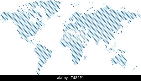 Halftone schwarz gepunktete blaue Welt Karte. Vector Illustration. Gepunktete Karte in flacher Ausführung. Vector Illustration auf weißem Hintergrund Stock Vektor