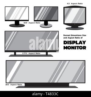 Format Abmessungen Größe und Seitenverhältnis des Displays Monitore in monotone Farbe, 2D-Flache Bauform für Symbole verfügbar Stock Vektor