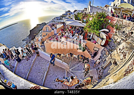 Esel weg durch die Straßen von Oia auf Santorini, Griechenland. (Digitale Kunst) Stockfoto