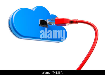 Computer Cloud mit LAN-Kabel, 3D-Rendering auf weißem Hintergrund Stockfoto