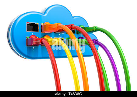 Computer Cloud mit lan Kabel, 3D-Rendering auf weißem Hintergrund Stockfoto