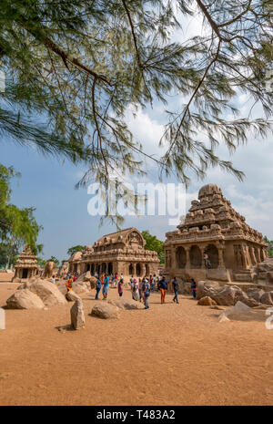 Vertikale Ansicht des Pancha Rathas in Mahabalipuram, Indien. Stockfoto