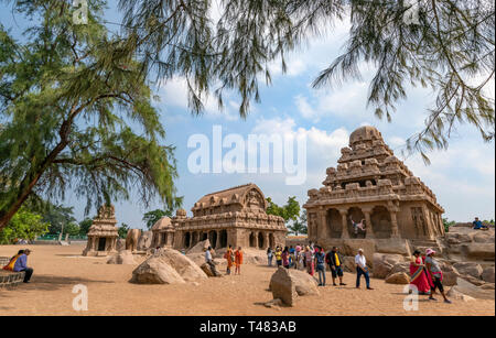 Horizontale Ansicht des Pancha Rathas in Mahabalipuram, Indien. Stockfoto