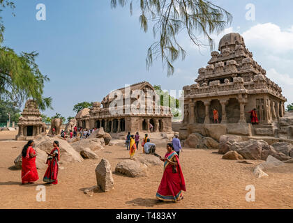 Horizontale Ansicht des Pancha Rathas in Mahabalipuram, Indien. Stockfoto