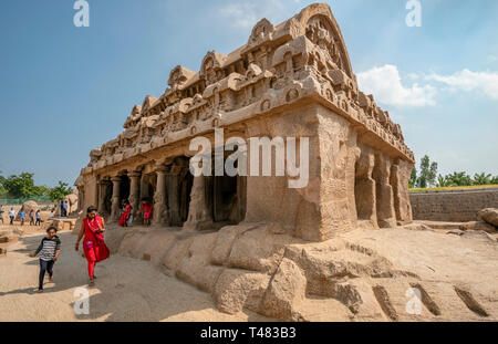 Horizontale Ansicht des Pancha Rathas in Mahabalipuram, Indien. Stockfoto