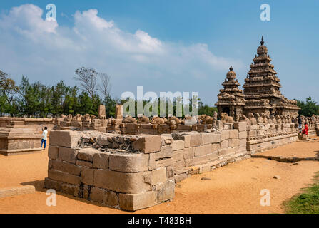 Horizontale Ansicht der Shore Tempel in Mahabalipuram, Indien. Stockfoto