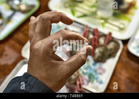 Person, die kleine Perle vom Oyster in seiner Hand. Stockfoto