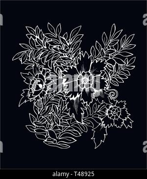 Abbildung: ein Strauß Blumen. Schwarze und weiße Blumenstrauß. Kreide auf einer Tafel. Stock Vektor