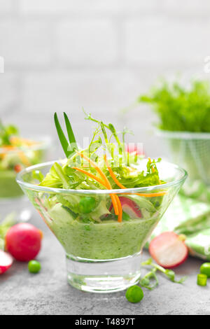 Frische vegane Gemüse Salat mit Karotten, Kopfsalat, Erbsen, Radieschen, Sprossen und Gurke smoothie Stockfoto