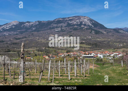 Weinberge im Vipava-tal und Caven Berg im Hintergrund. Blick von Vipavski Kriz, Slowenien Stockfoto