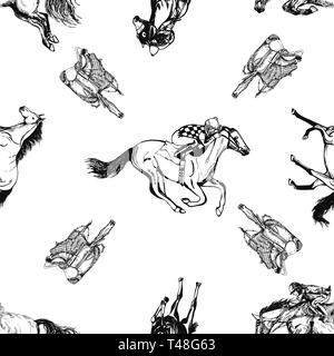 Nahtlose Muster von Hand gezeichnete Skizze stil Pferde, Jockeys auf Pferden und Sätteln. Vector Illustration auf weißem Hintergrund. Stock Vektor