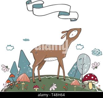 Rotwild Charakter vector clip art eine Landschaft Ort Land Farbe Textur für Daten text Geburtstag Feier Gruß cute Wald Tier ribbon Cloud murshr Stock Vektor