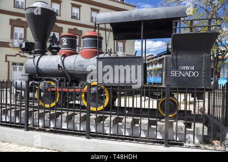 Eisenbahnmodell des alten Lokomotivs Dampflokomotiven im Museo Ferroviario, einem Freiluftbahnhof für Eisenbahnmuseen in Camaguey Kuba Stockfoto