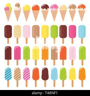 Sammlung Eistüten und Popsicle mit verschiedenen nachfüllen. Verschiedene Eis: Creme, Schokolade, Eis, Obst, verschiedenen Farben und Aromen. Stock Vektor