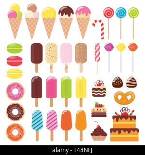 Verschiedene Süßigkeiten, Icon Set. Eis, Kuchen, Torte, Donuts Makronen Lollipop Bonbons Schokolade Vektor flachbild Abbildung Stock Vektor