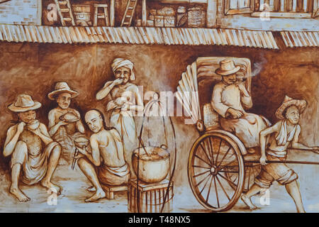 Detail einer Wandmalerei mit der Darstellung eines historischen Szene, durch Singapur artist Yip Eibe Chong, an der Rückseite des Thian Hock Keng Tempel, Chinatown, Singapur Stockfoto