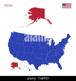 Alaska ist rot markiert. Blaue Karte der Usa, eingeteilt in verschiedene Staaten. Karte der USA in einzelnen Staaten. Stockfoto