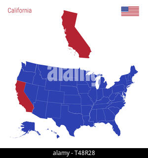 Der Zustand von Kalifornien ist rot markiert. Blaue Karte der Usa, eingeteilt in verschiedene Staaten. Karte der USA in einzelnen Staaten. Stockfoto