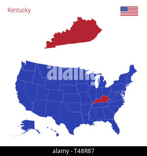 Der Zustand von Kentucky ist rot markiert. Blaue Karte der Usa, eingeteilt in verschiedene Staaten. Karte der USA in einzelnen Staaten. Stockfoto