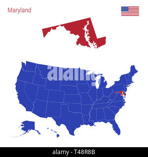 Der Zustand von Maryland ist rot markiert. Blaue Karte der Usa, eingeteilt in verschiedene Staaten. Karte der USA in einzelnen Staaten. Stockfoto