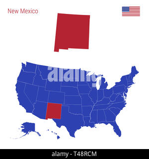 Der Staat New Mexico ist rot markiert. Blaue Karte der Usa, eingeteilt in verschiedene Staaten. Karte der USA in einzelnen Staaten. Stockfoto