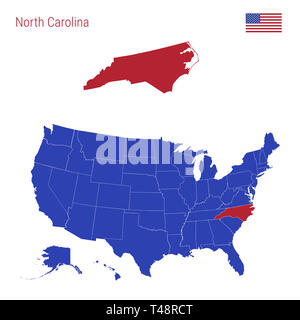 Der Staat North Carolina ist rot markiert. Blaue Karte der Usa, eingeteilt in verschiedene Staaten. Karte der USA aufgeteilt in einzelne St Stockfoto