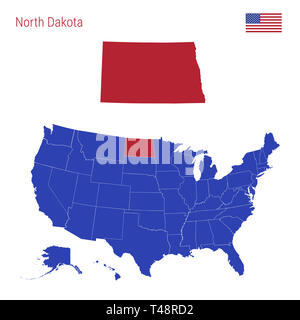 Der Zustand von North Dakota ist rot markiert. Blaue Karte der Usa, eingeteilt in verschiedene Staaten. Karte der USA aufgeteilt in einzelne Stat Stockfoto