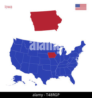 Der Zustand von Iowa ist rot markiert. Blaue Karte der Usa, eingeteilt in verschiedene Staaten. Karte der USA in einzelnen Staaten. Stockfoto