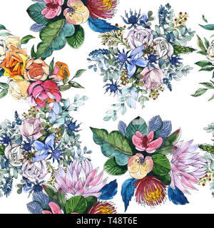 Wildblumen bouquet Blumig botanischen Blumen. Aquarell Hintergrund Abbildung. Nahtlose Muster. Stockfoto