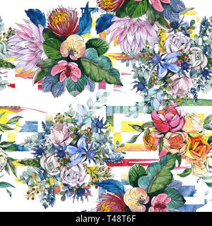 Wildblumen bouquet Blumig botanischen Blumen. Aquarell Hintergrund Abbildung. Nahtlose Muster. Stockfoto