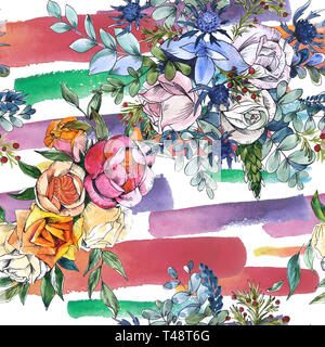 Wildblumen bouquet Blumig botanischen Blumen. Aquarell Hintergrund Abbildung. Nahtlose Muster. Stockfoto