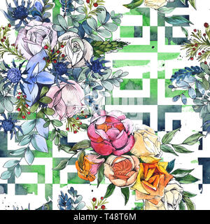 Wildblumen bouquet Blumig botanischen Blumen. Aquarell Hintergrund Abbildung. Nahtlose Muster. Stockfoto