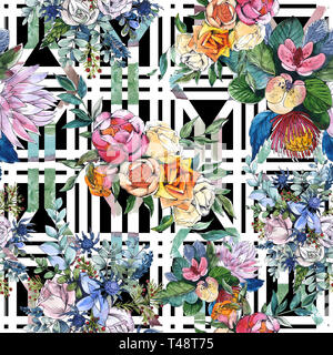 Wildblumen bouquet Blumig botanischen Blumen. Aquarell Hintergrund Abbildung. Nahtlose Muster. Stockfoto