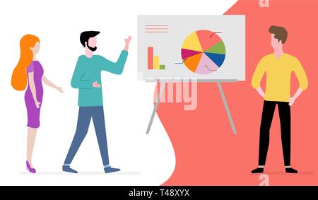 Vector Illustration mit Menschen in business meeting. Menschen diskutieren und Entscheidungen Hintergrund machen. Präsentation, Partnerschaft. Brainstorming anhand von quantitativen Simulatio Stock Vektor